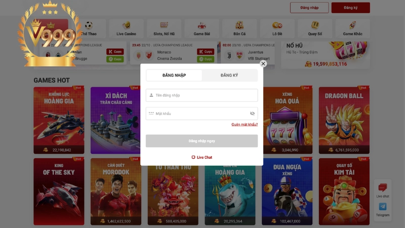 Đăng nhập V999 vào giao diện chính