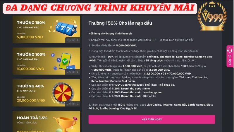 Đa dạng các chương trình ưu đãi tại V999  