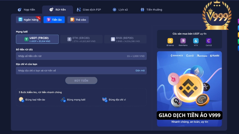 Thực hiện rút tiền V999 về ngân hàng siêu nhanh   