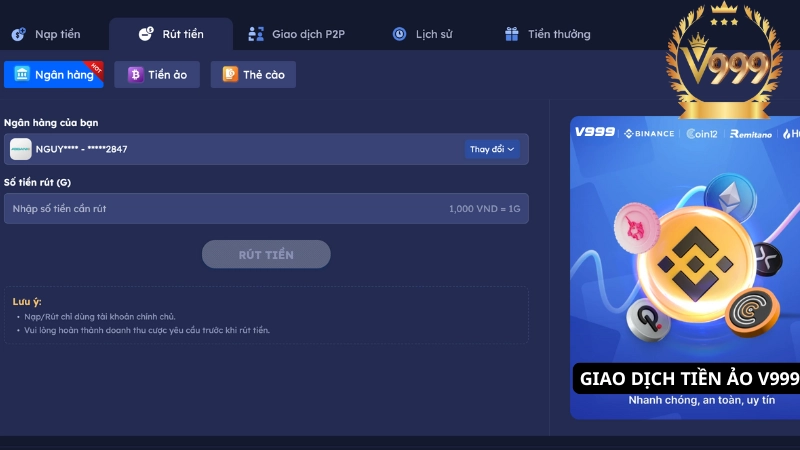 Chỉ dẫn rút tiền thưởng V999 chi tiết dành cho người chơi    